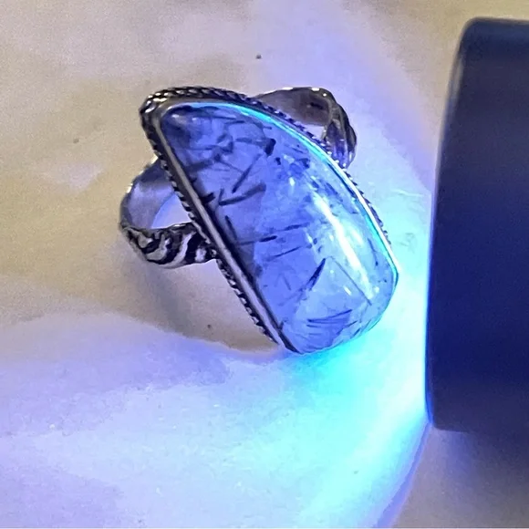 New Artisan Grey Tourmalinated Quartz Stone 925 Sterling Silver Flower Ring - Picture 17 of 17